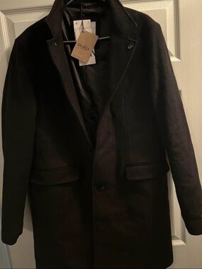 Zara Men's Black Pea Coat with Notch Lapel